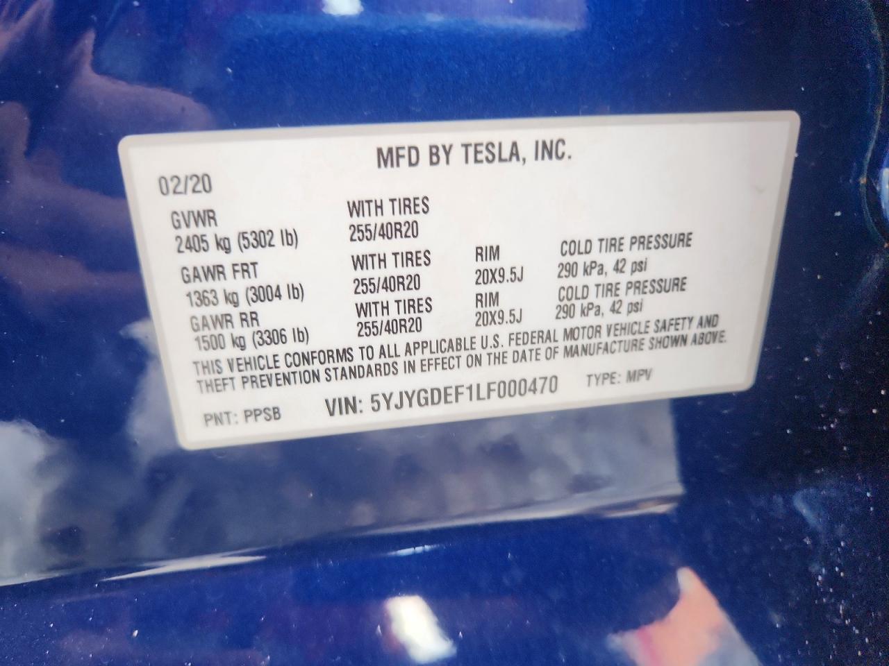 2020 Tesla Model Y Blue vin: 5YJYGDEF1LF000470