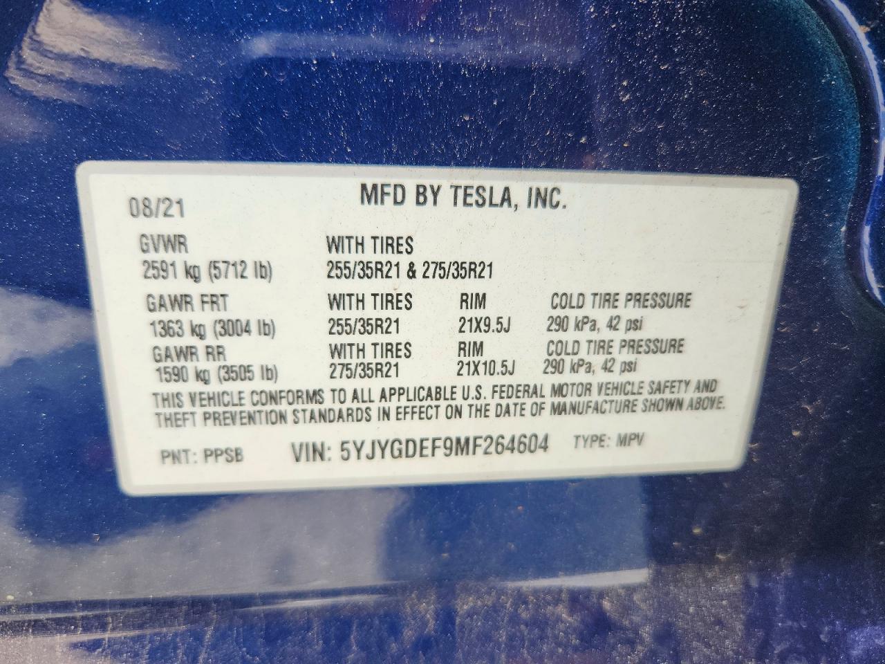 2021 Tesla Model Y Blue vin: 5YJYGDEF9MF264604