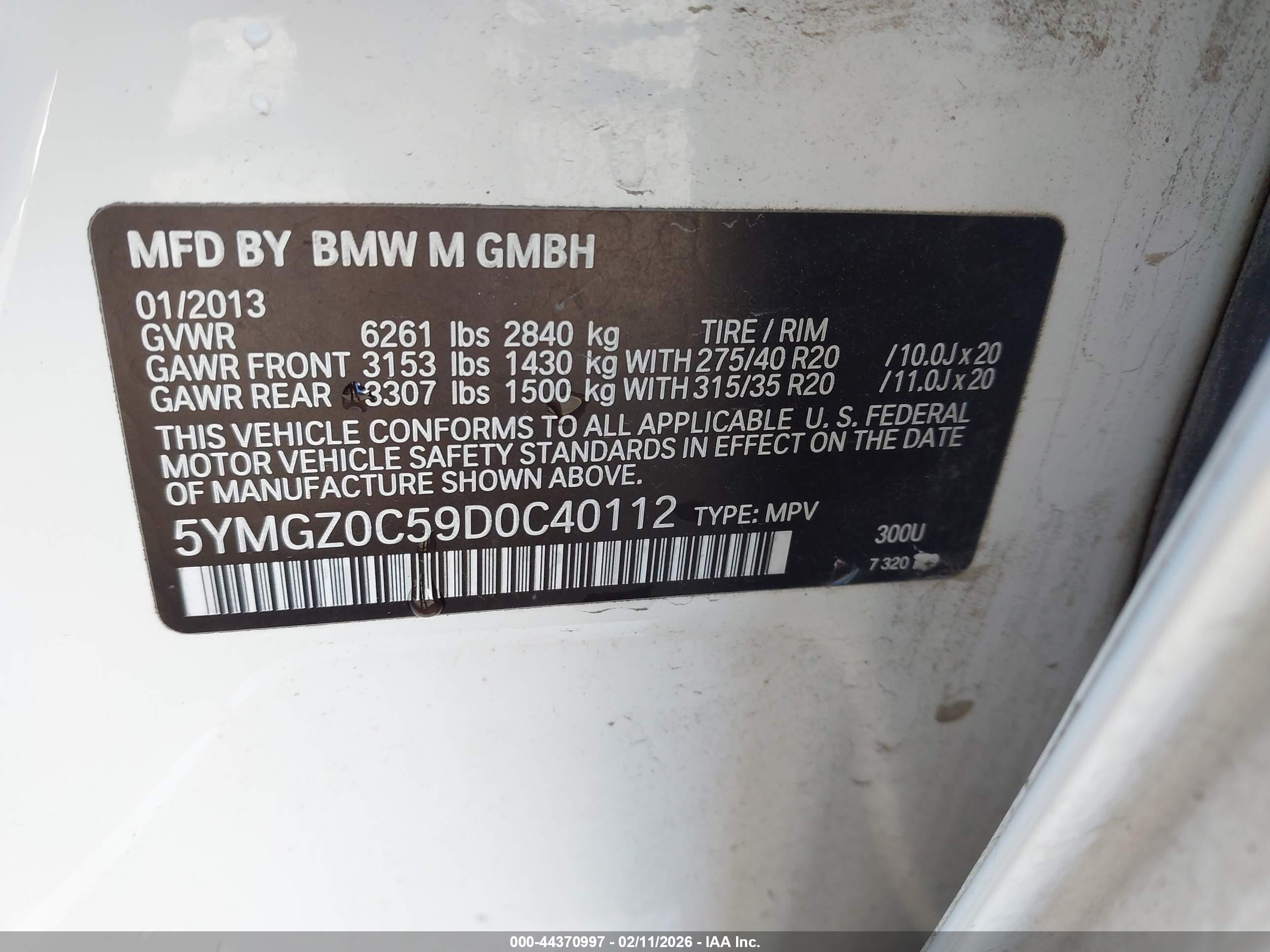 2013 Bmw X6 M   White vin: 5YMGZ0C59D0C40112