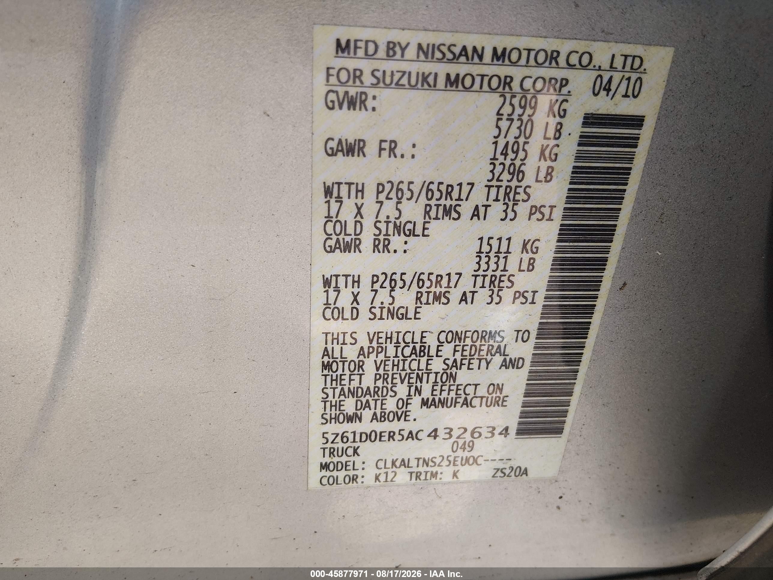 2010 Suzuki Equator Sport Silver vin: 5Z61D0ER5AC432634
