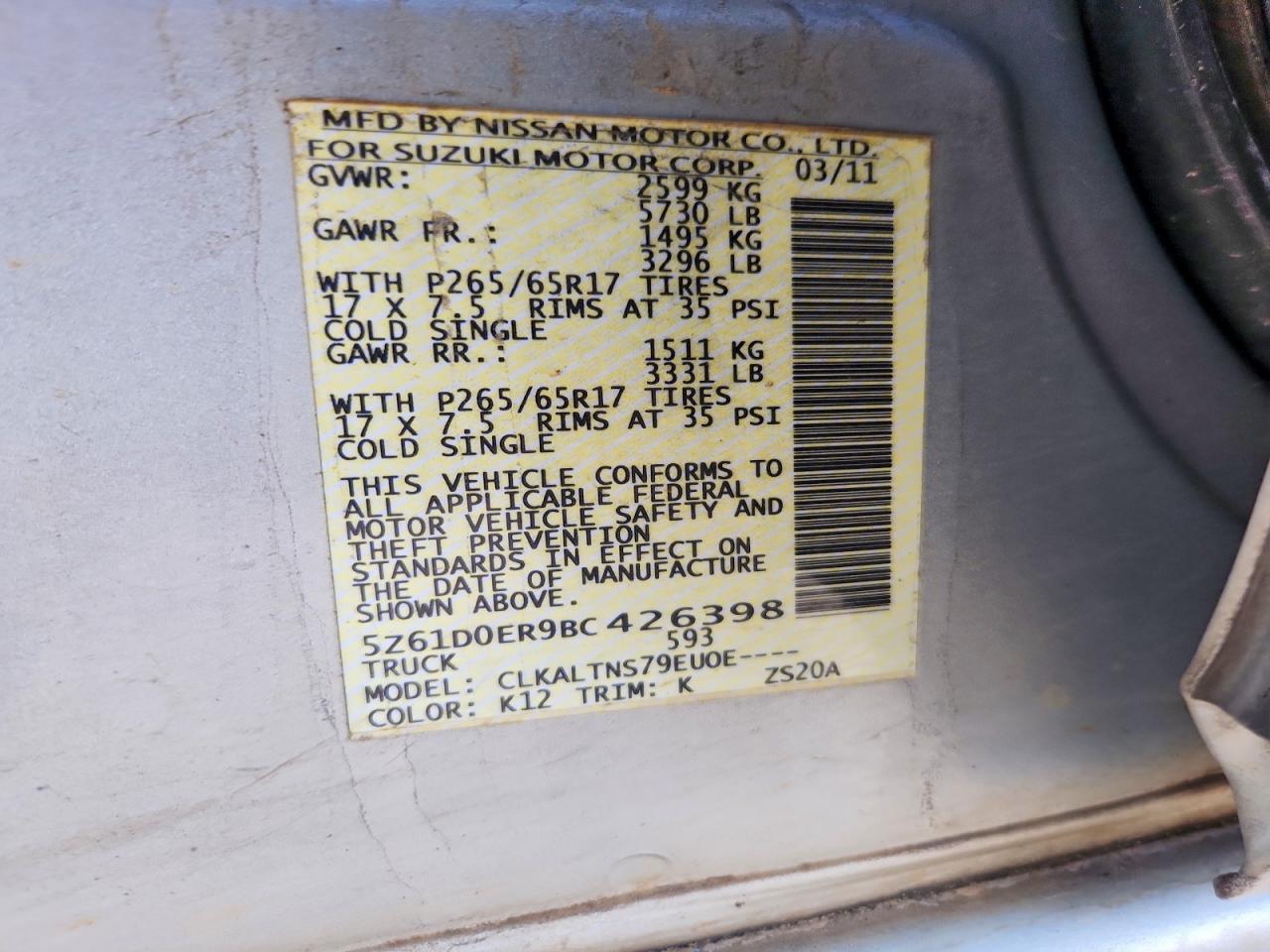 2011 Suzuki Equator Sport Silver vin: 5Z61D0ER9BC426398