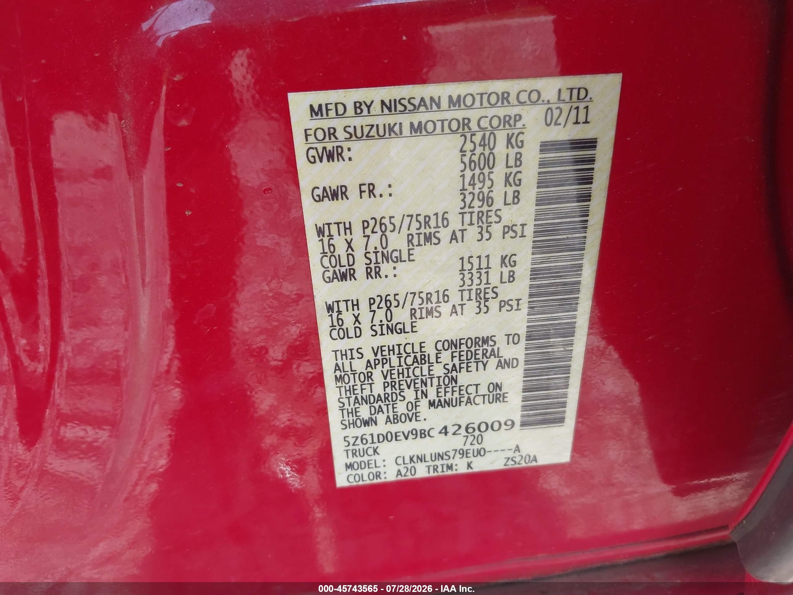 2011 Suzuki Equator Rmz-4 Red vin: 5Z61D0EV9BC426009