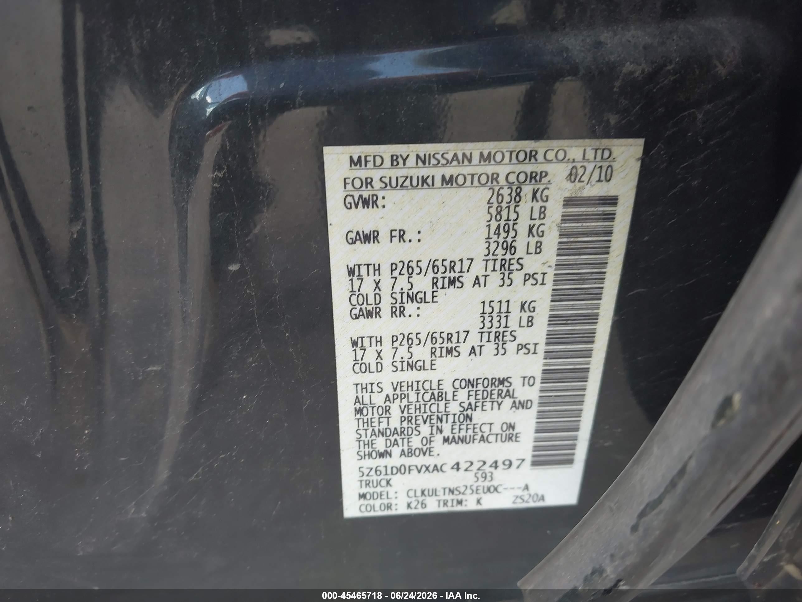 2010 Suzuki Equator Sport Gray vin: 5Z61D0FVXAC422497