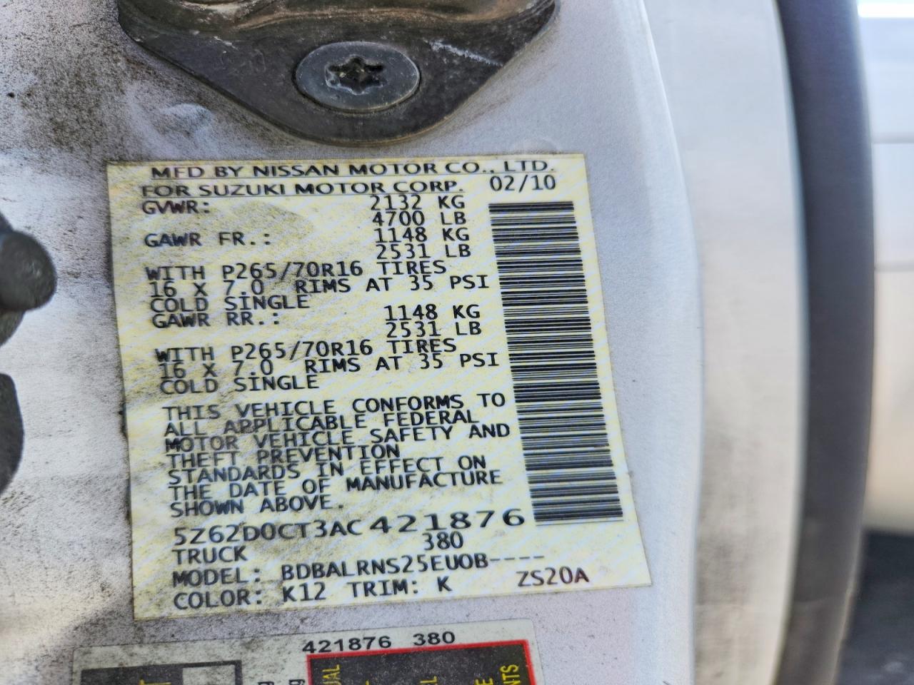 2010 Suzuki Equator Silver vin: 5Z62D0CT3AC421876