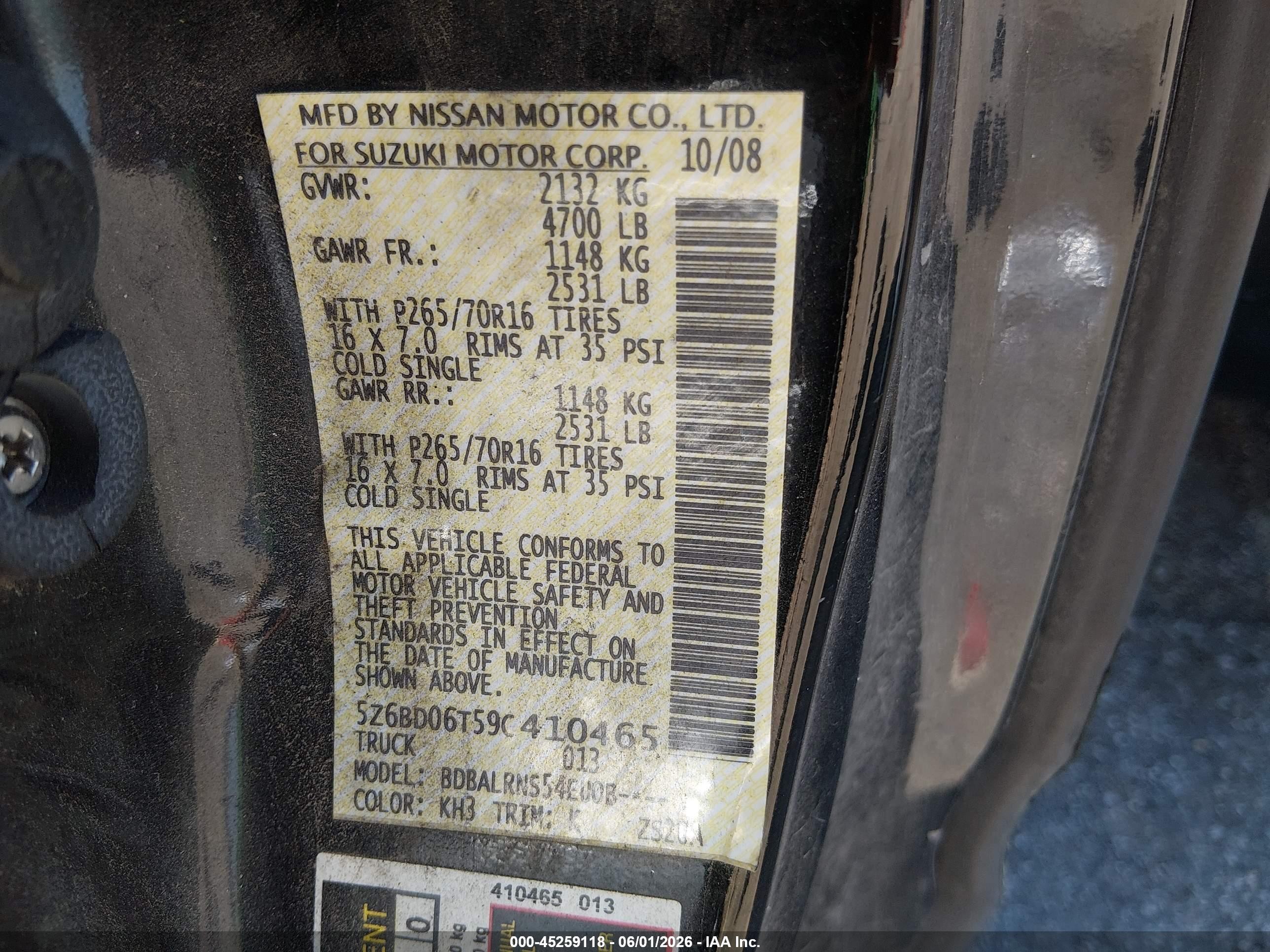 2009 Suzuki Equator Premium Black vin: 5Z6BD06T59C410465