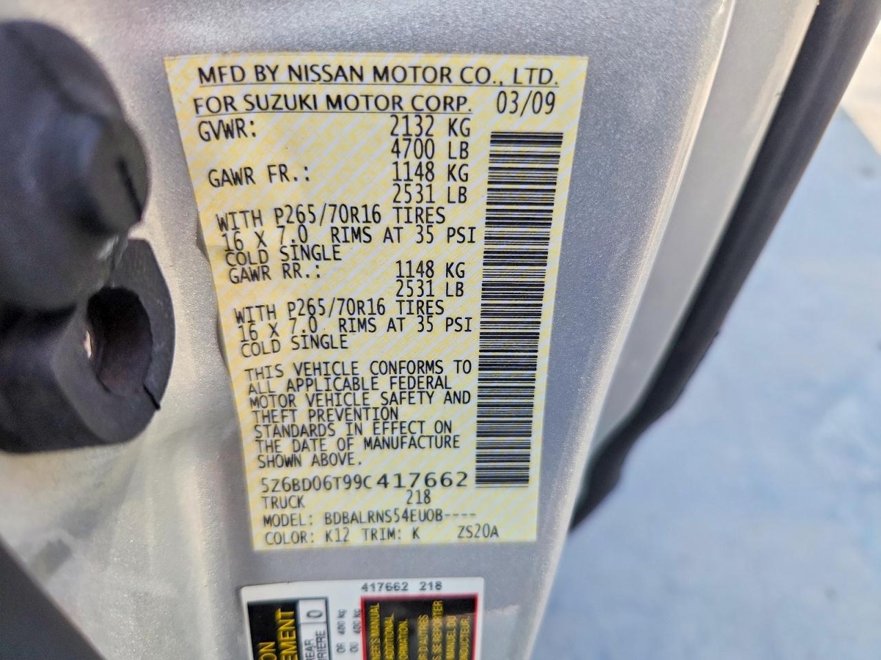 2009 Suzuki Equator Base Silver vin: 5Z6BD06T99C417662