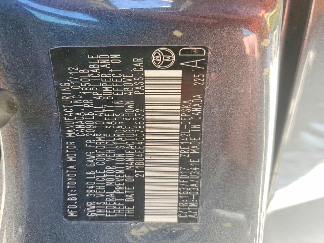 2012 Toyota Corolla S Gray vin: 2T1BU4EE4CC786372