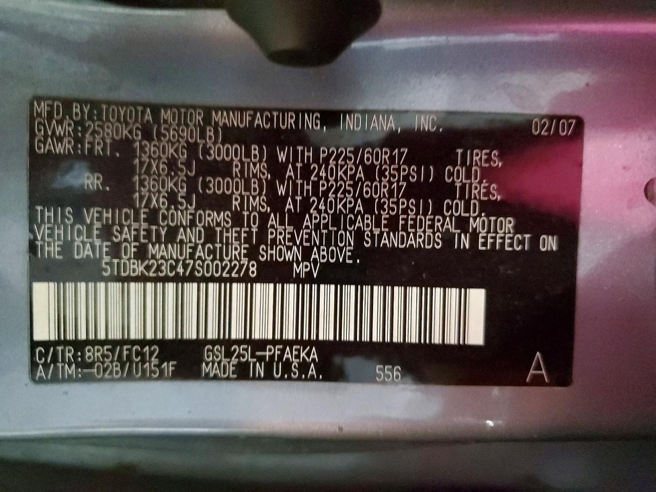 2007 Toyota Sienna Le Blue vin: 5TDBK23C47S002278