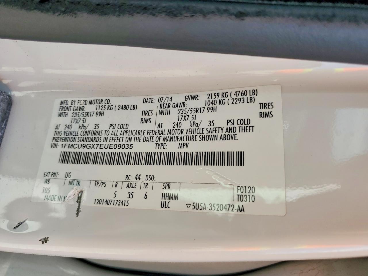 2014 Ford Escape Se White vin: 1FMCU9GX7EUE09035