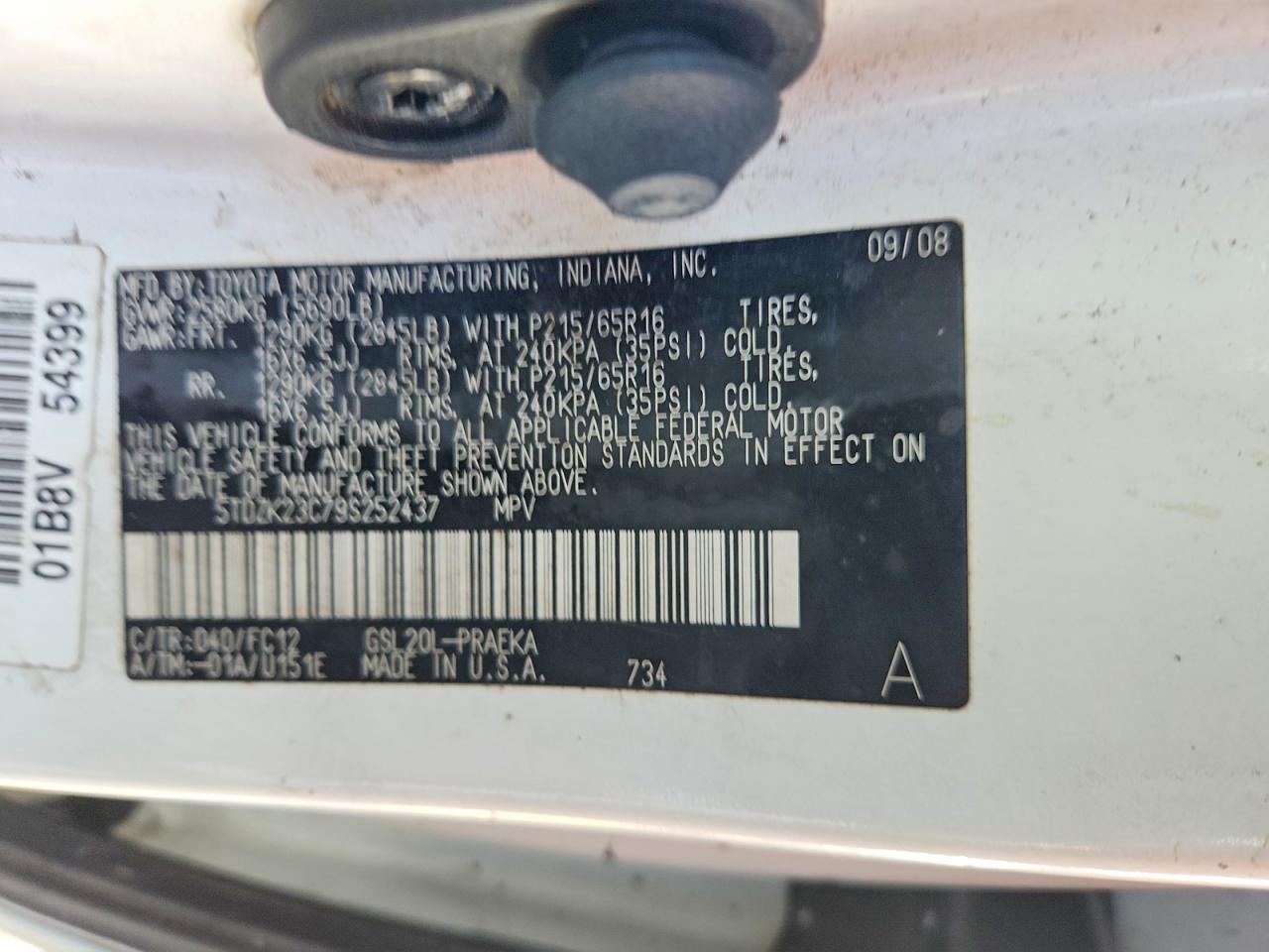 2009 Toyota Sienna Le 8-passenger Белый vin: 5TDZK23C79S252437