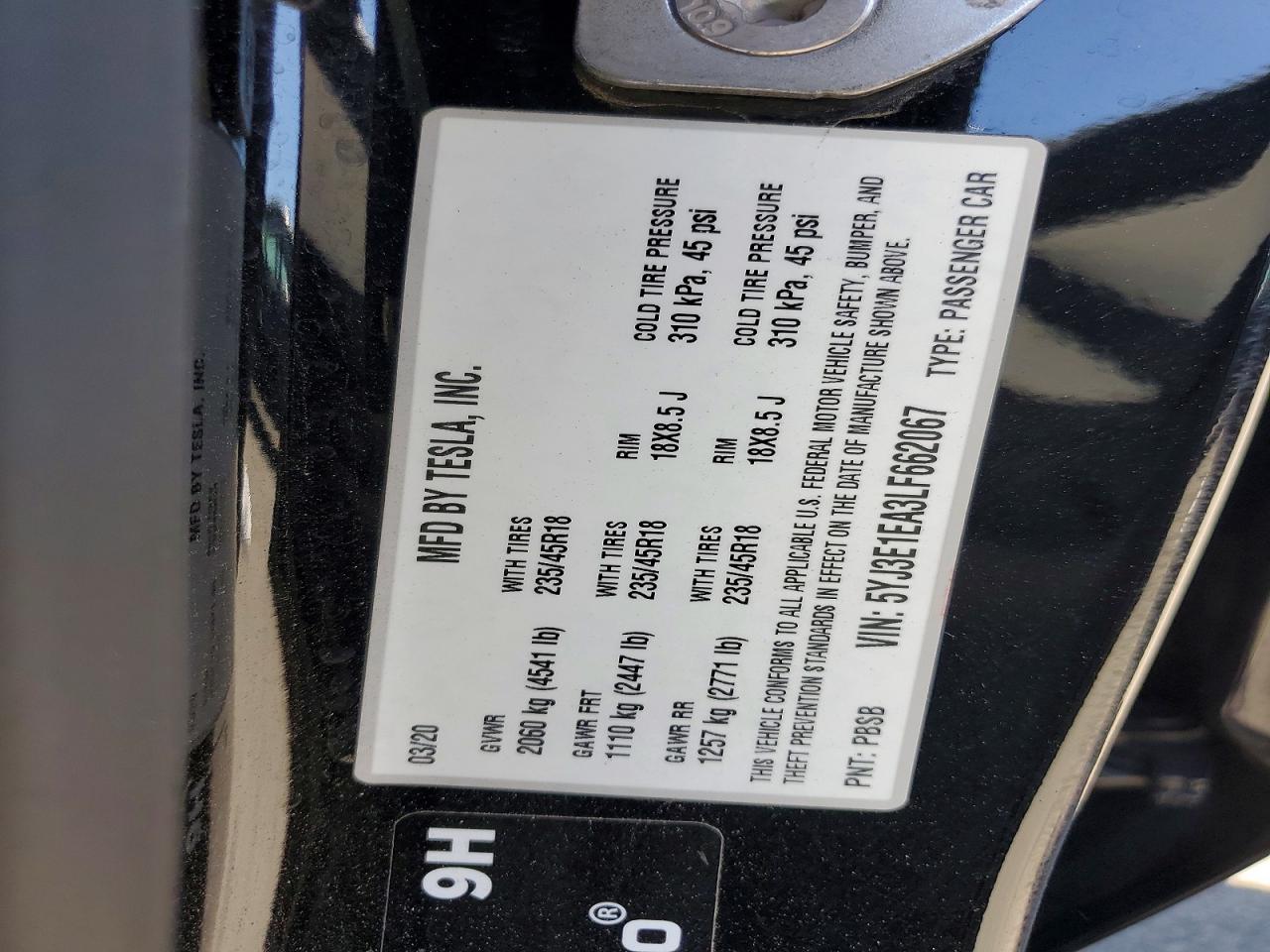 2020 Tesla Model 3 Черный vin: 5YJ3E1EA3LF662067