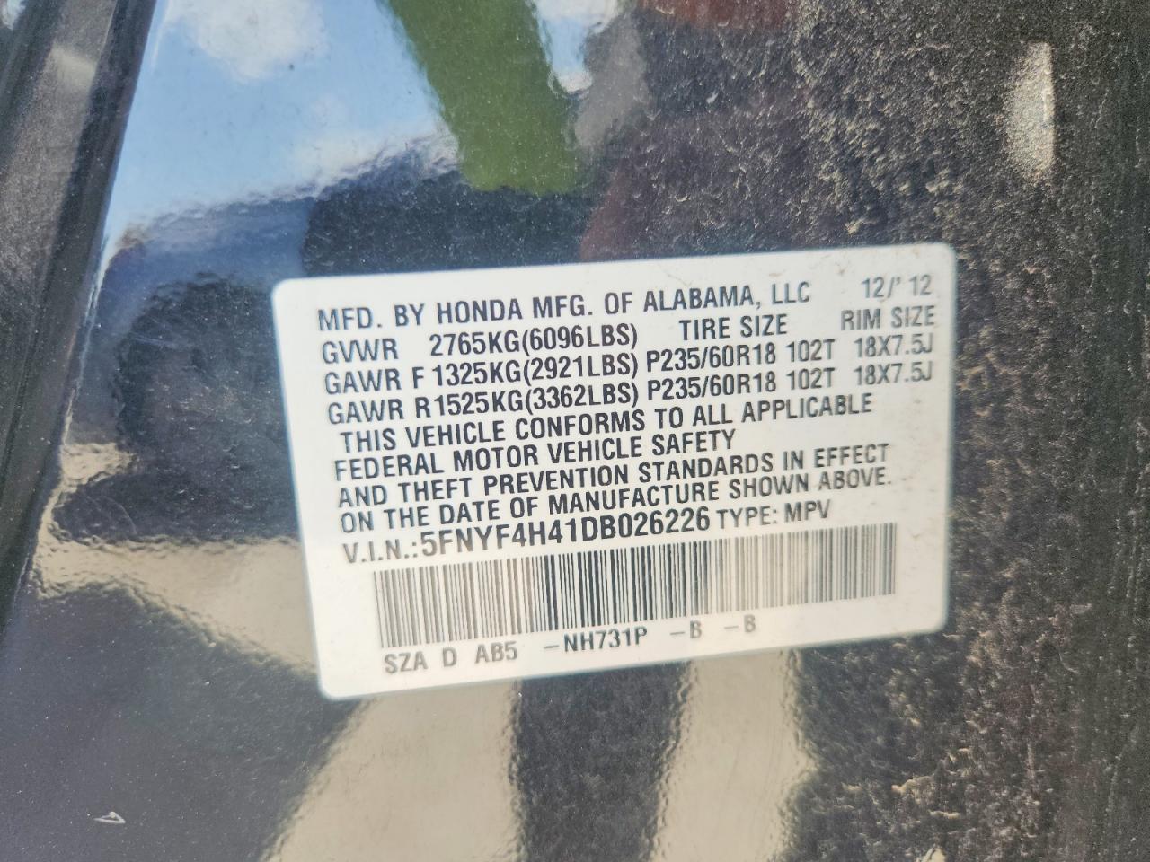 2013 Honda Pilot Ex Black vin: 5FNYF4H41DB026226