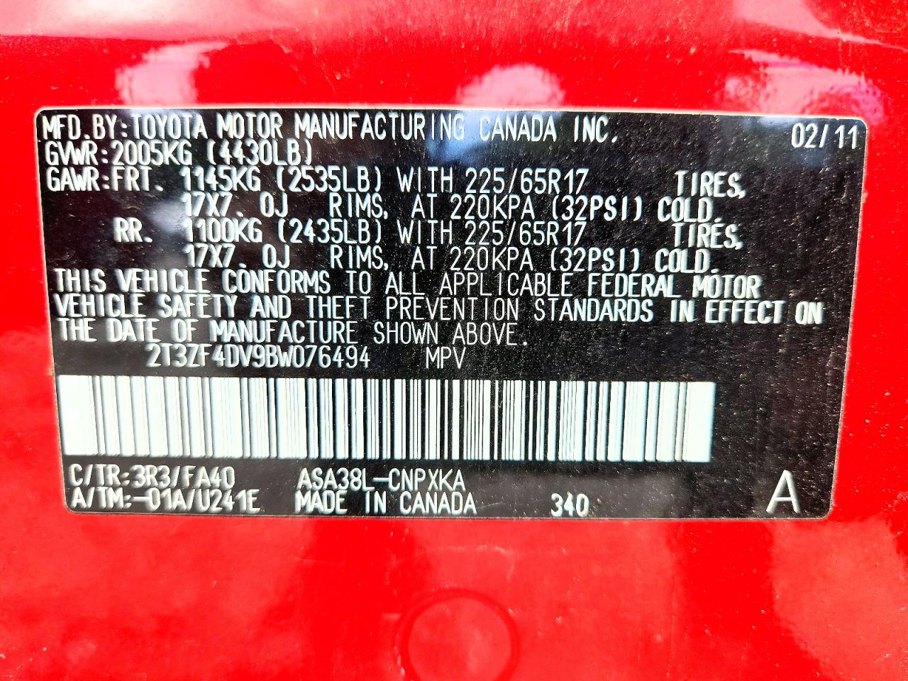 2011 Toyota Rav4 Base Red vin: 2T3ZF4DV9BW076494