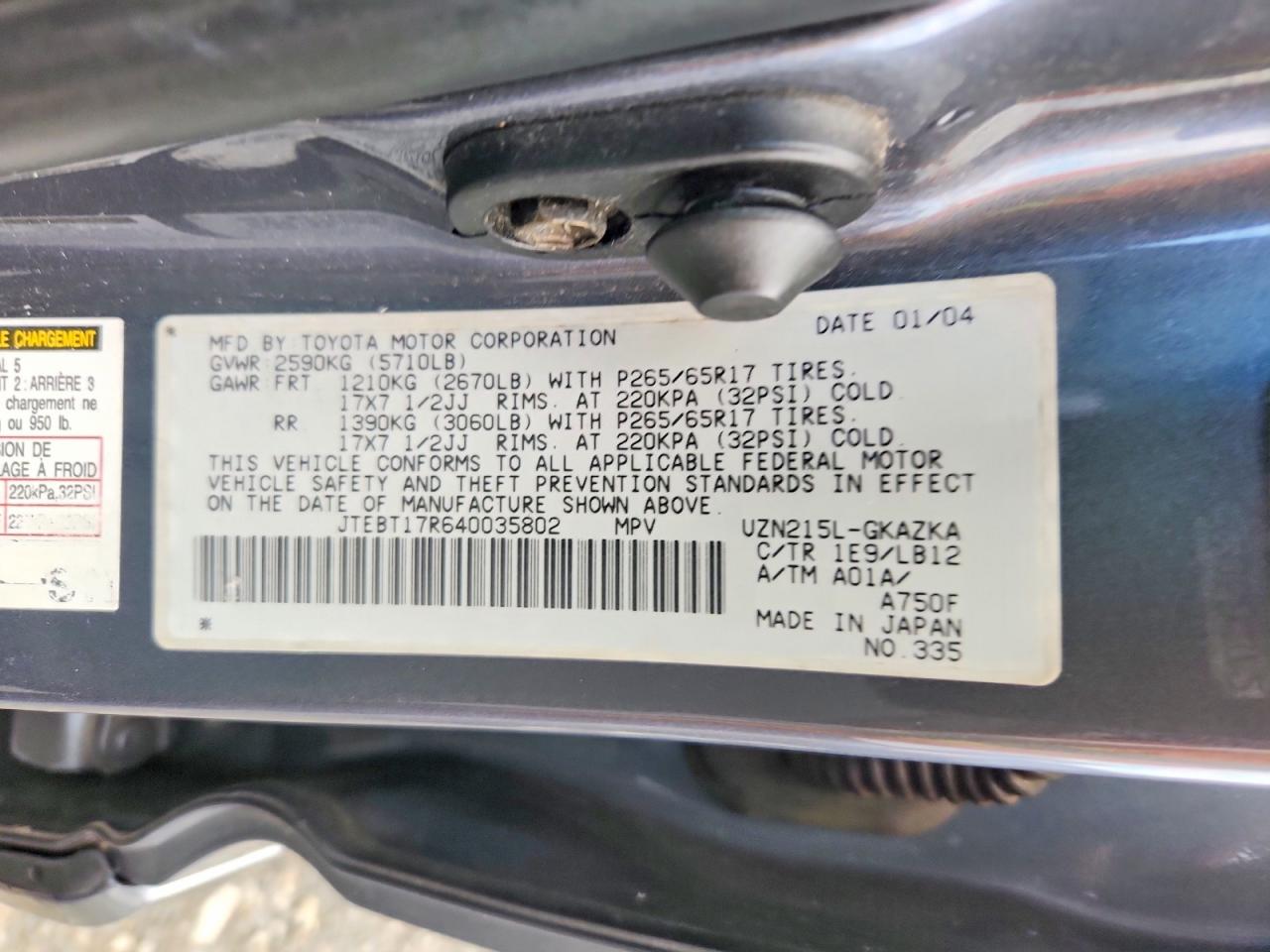 2004 Toyota 4runner Limited Gray vin: JTEBT17R640035802
