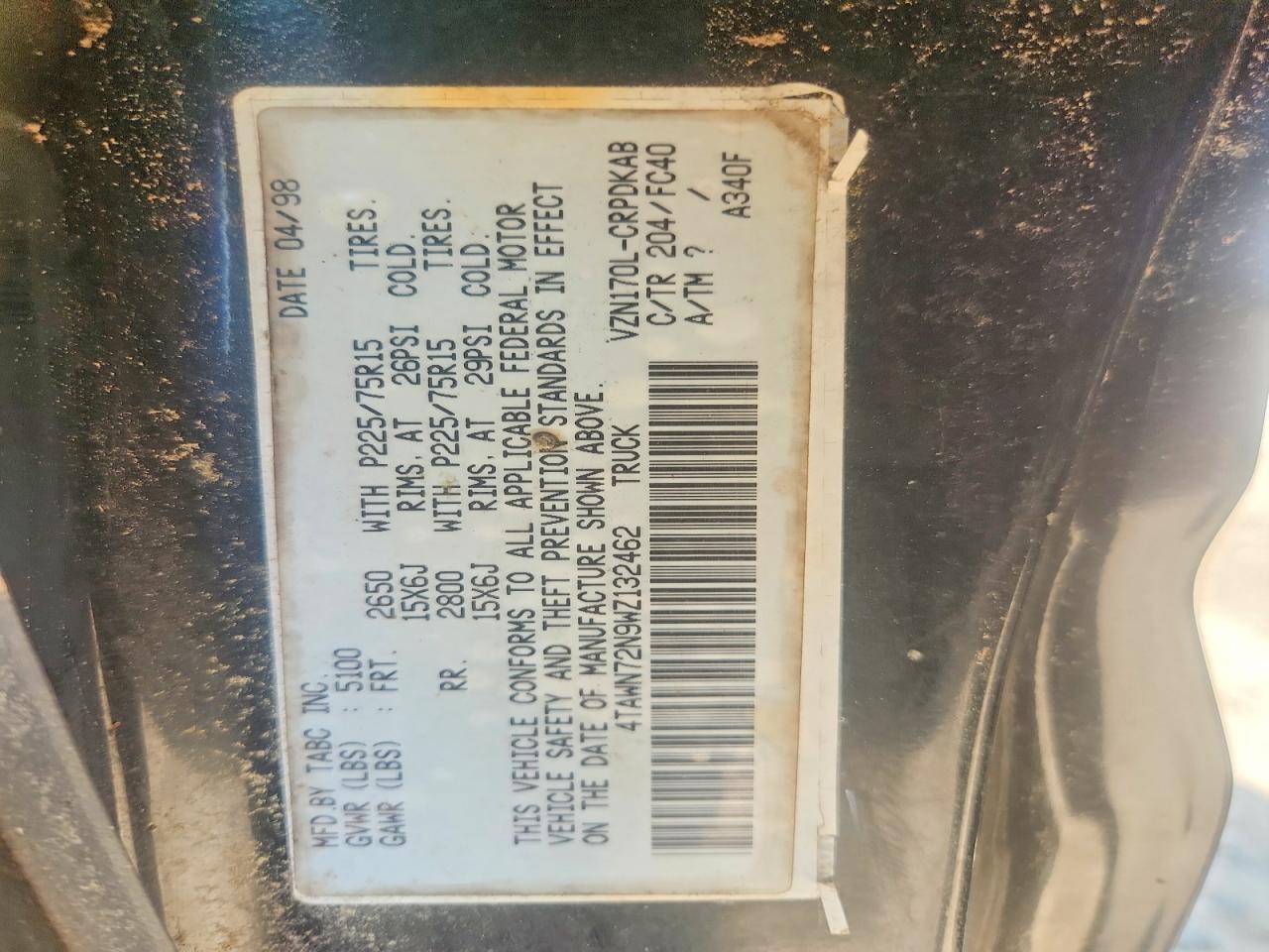 1998 Toyota Tacoma Xtracab Black vin: 4TAWN72N9WZ132462