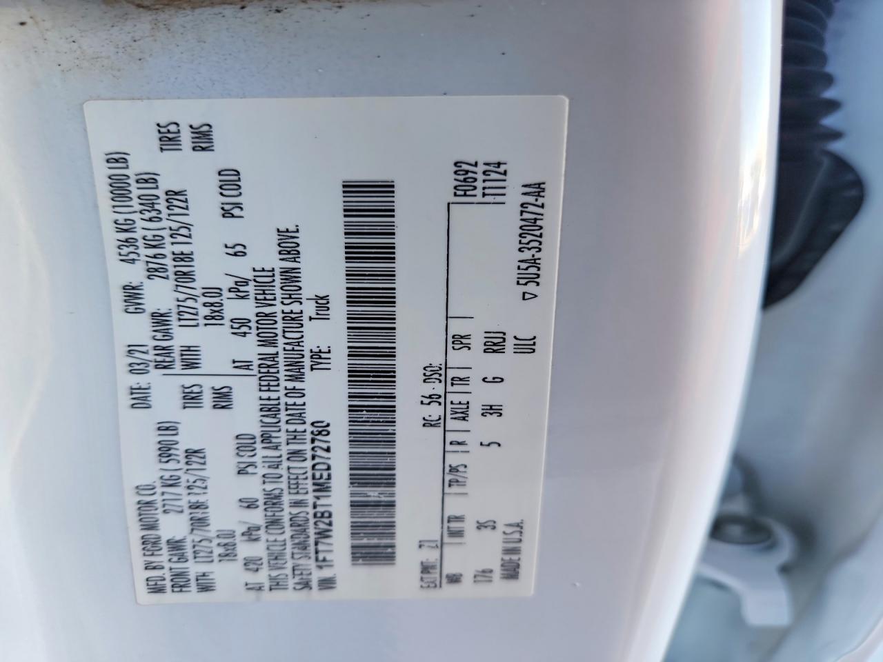 2021 Ford F250 Super Duty White vin: 1FT7W2BT1MED72780