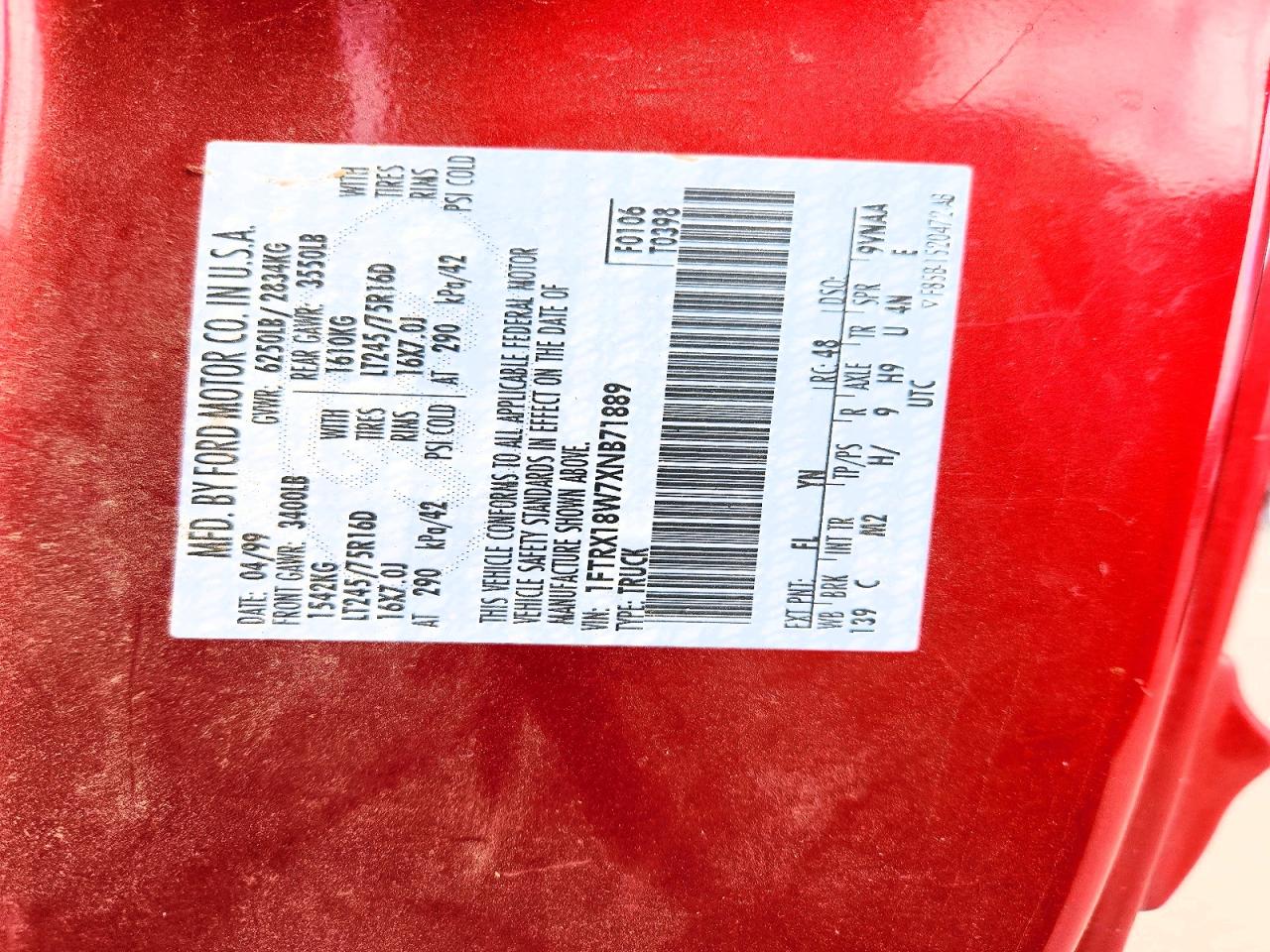 1999 Ford F150 Red vin: 1FTRX18W7XNB71889