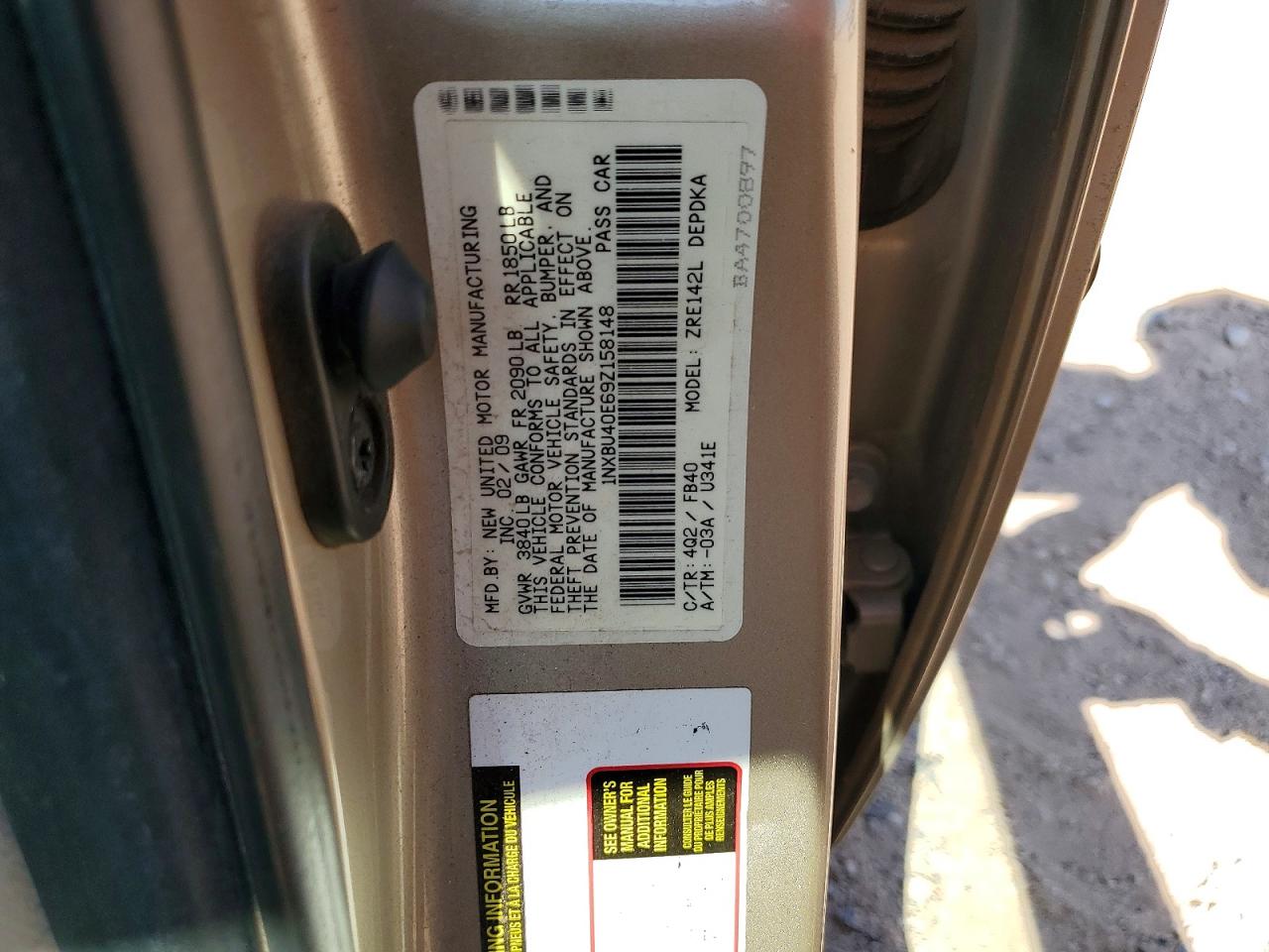 2009 Toyota Corolla Le Tan vin: 1NXBU40E69Z158148