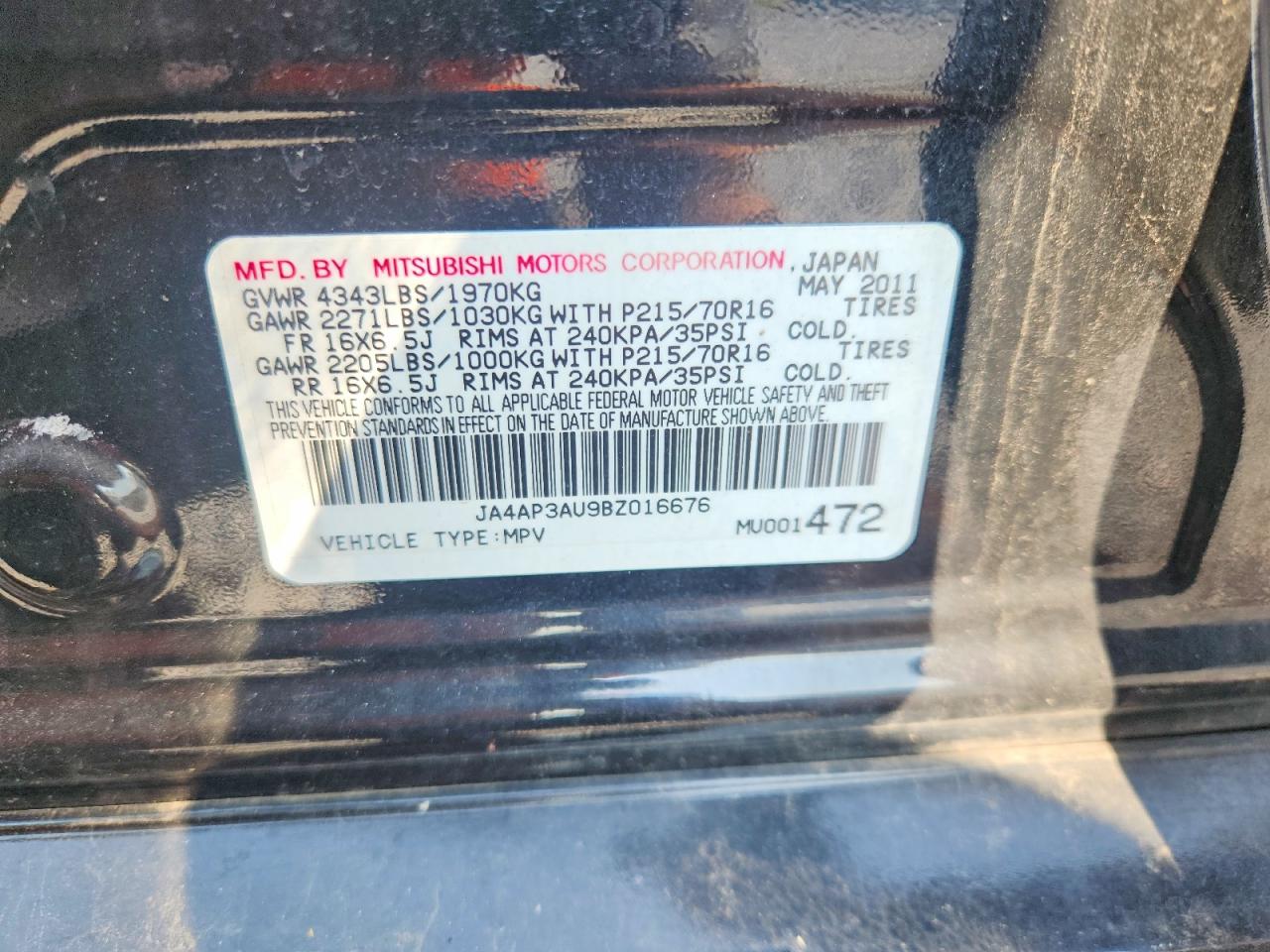 2011 Mitsubishi Outlander Sport Es Черный vin: JA4AP3AU9BZ016676