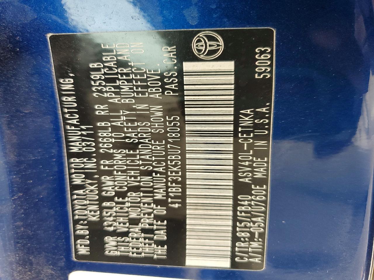 2011 Toyota Camry Le Blue vin: 4T1BF3EK5BU718055