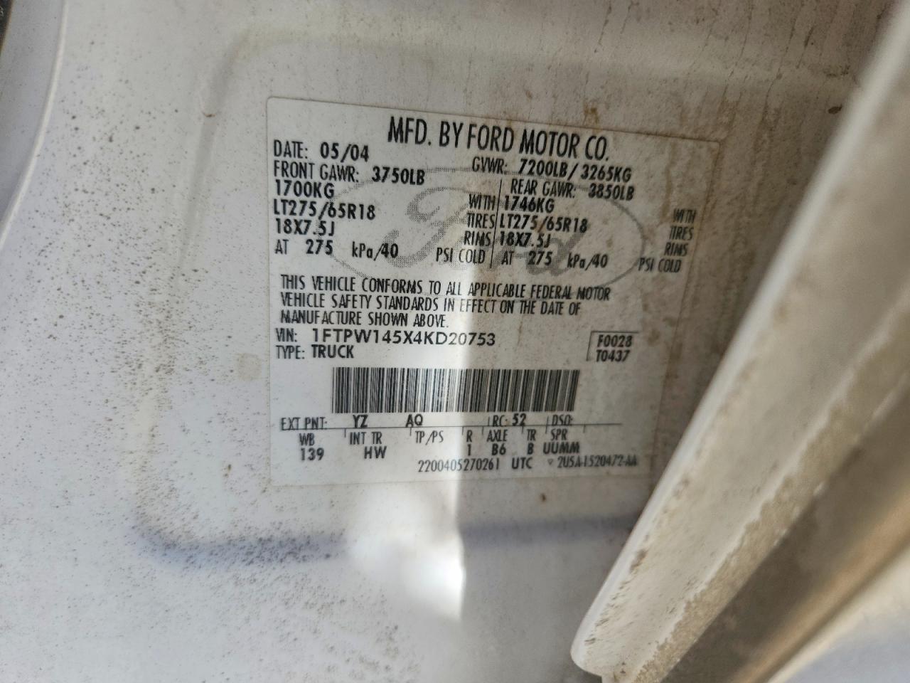 2004 Ford F150 Supercrew White vin: 1FTPW145X4KD20753