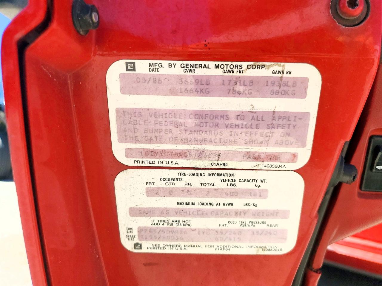 1986 Chevrolet Corvette Red vin: 1G1YY0784G5123135