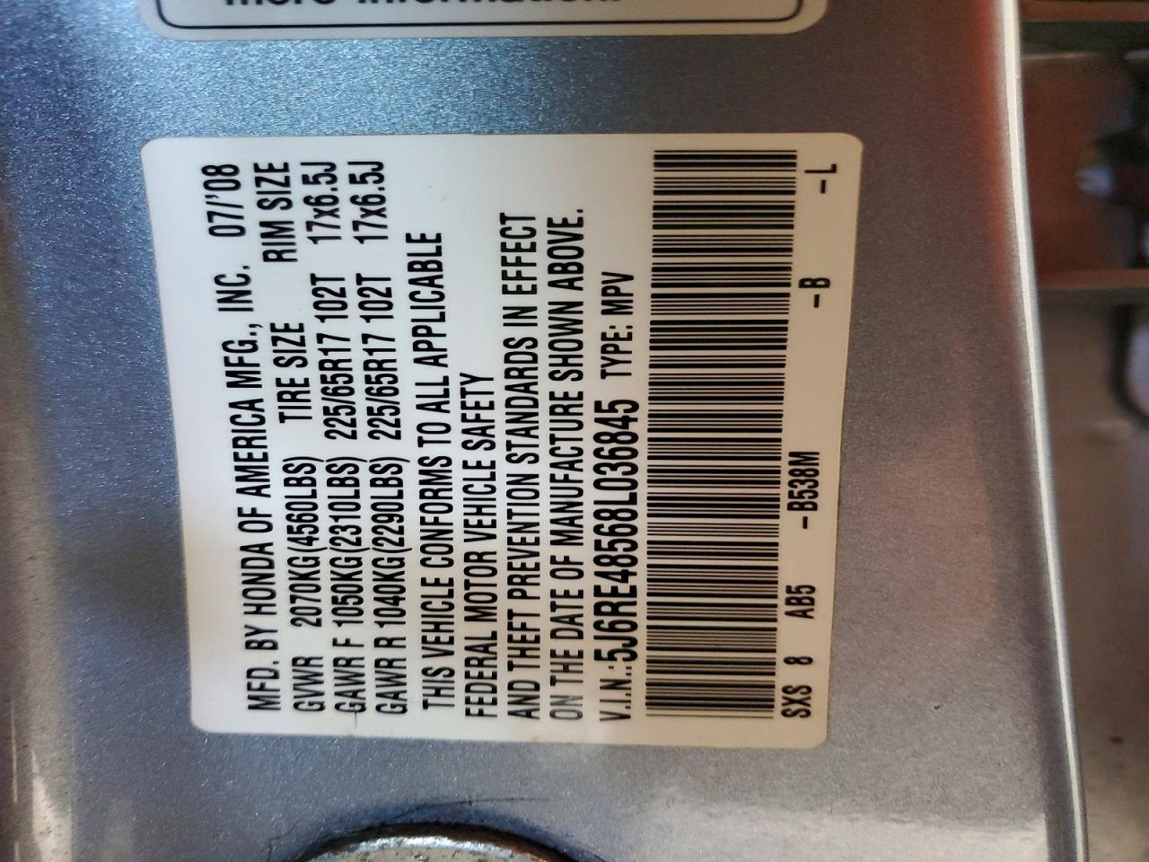 2008 Honda Cr-v Ex Blue vin: 5J6RE48568L036845