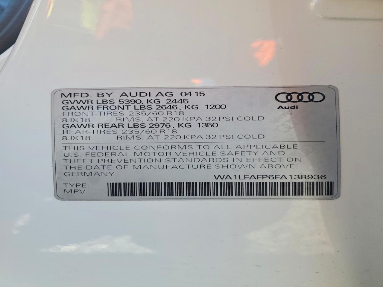 2015 Audi Q5 Premium Plus Белый vin: WA1LFAFP6FA138936