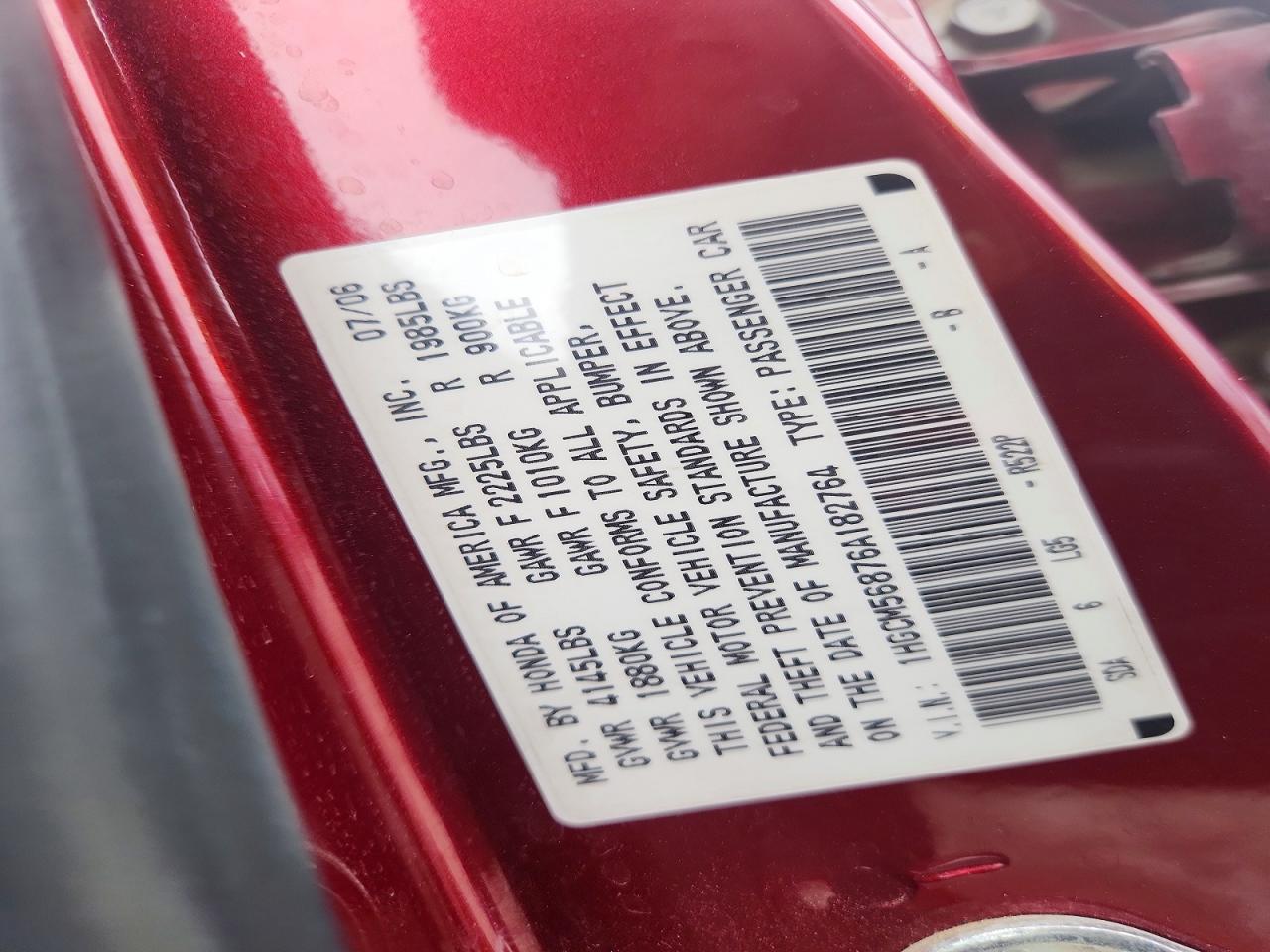 2006 Honda Accord Ex Burgundy vin: 1HGCM56876A182764