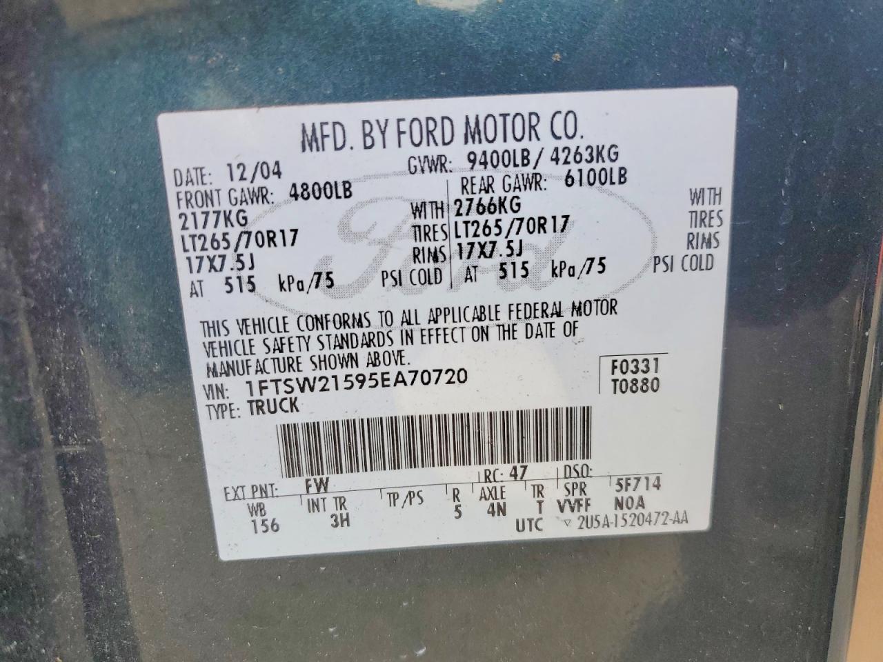 2005 Ford F250 Super Duty Green vin: 1FTSW21595EA70720