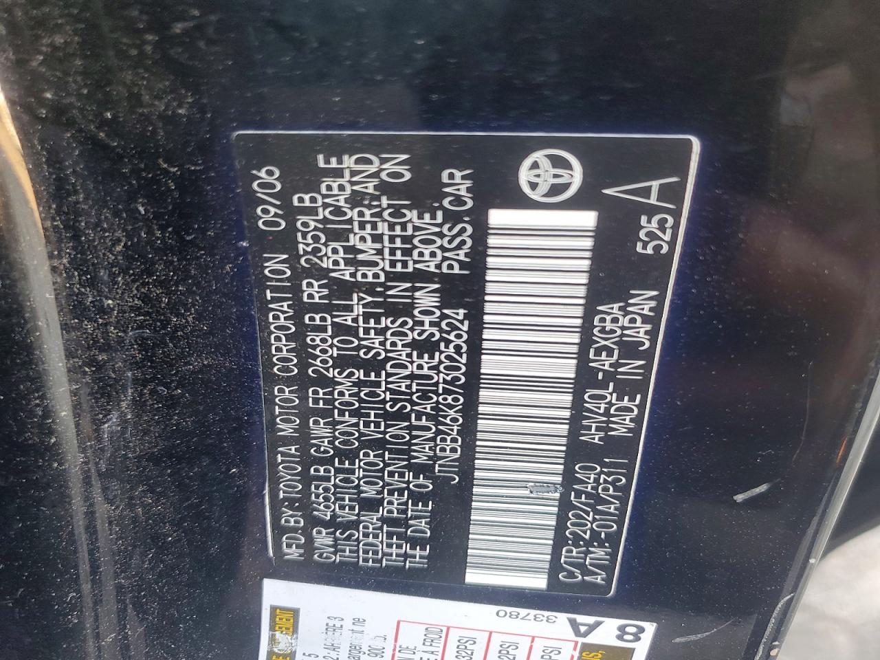 2007 Toyota Camry Hybrid Black vin: JTNBB46K873025624