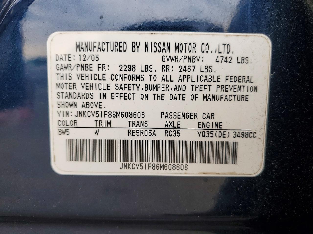 2006 Infiniti G35 X Blue vin: JNKCV51F86M608606