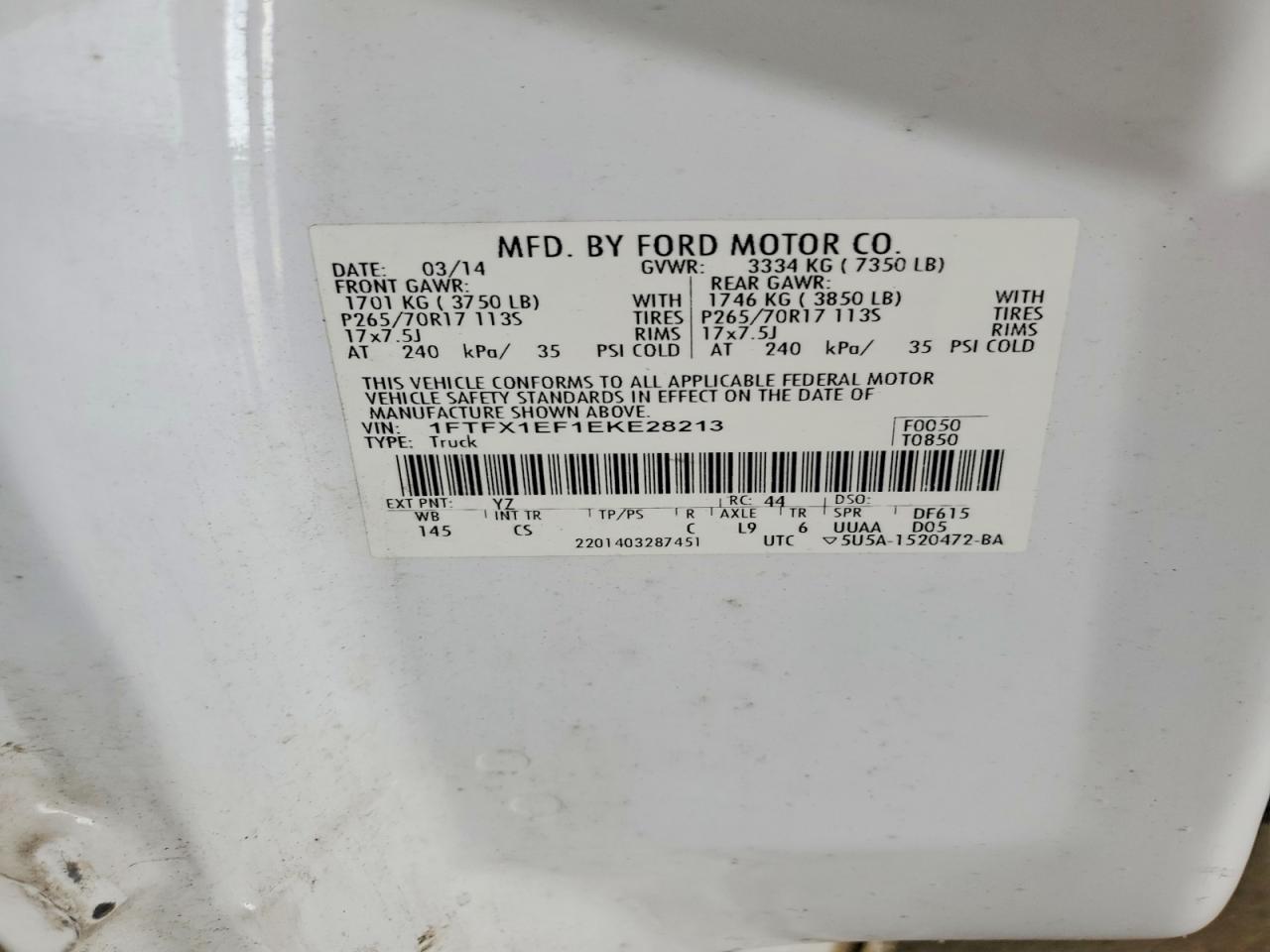 2014 Ford F150 Super Cab White vin: 1FTFX1EF1EKE28213
