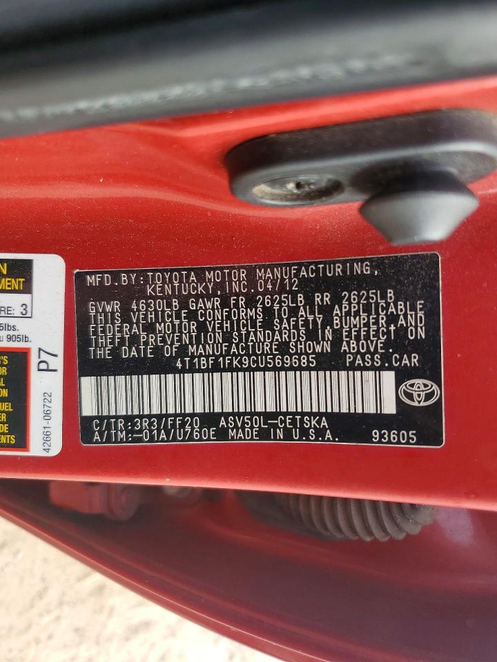 2012 Toyota Camry Se Red vin: 4T1BF1FK9CU569685