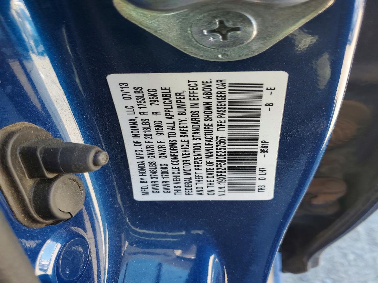 2013 Honda Civic Lx Blue vin: 19XFB2F58DE257567