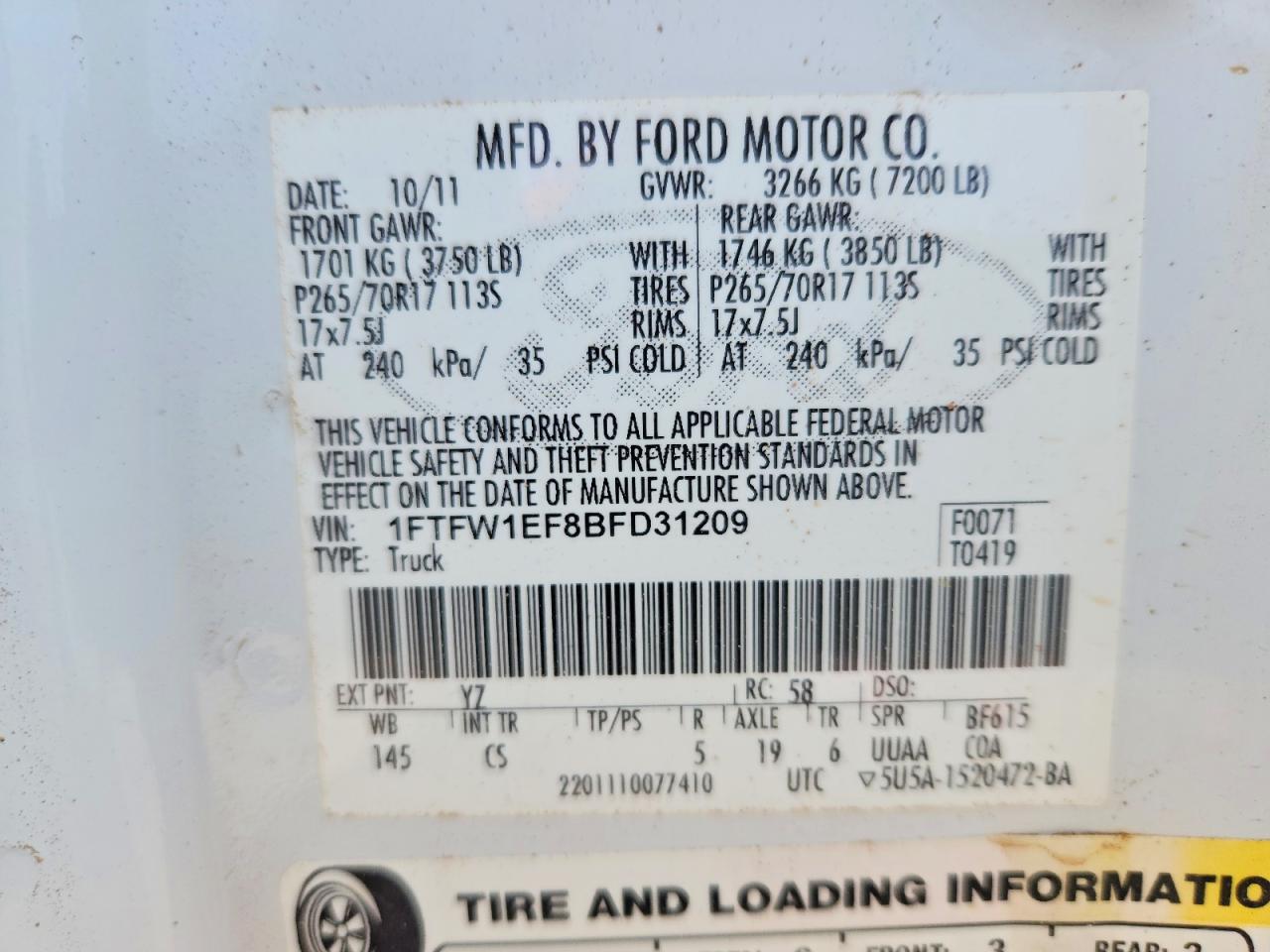 2011 Ford F150 Supercrew White vin: 1FTFW1EF8BFD31209