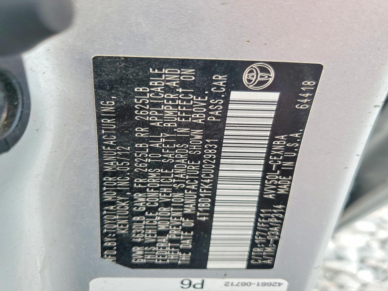 2012 Toyota Camry Hybrid Le Silver vin: 4T1BD1FK4CU029831
