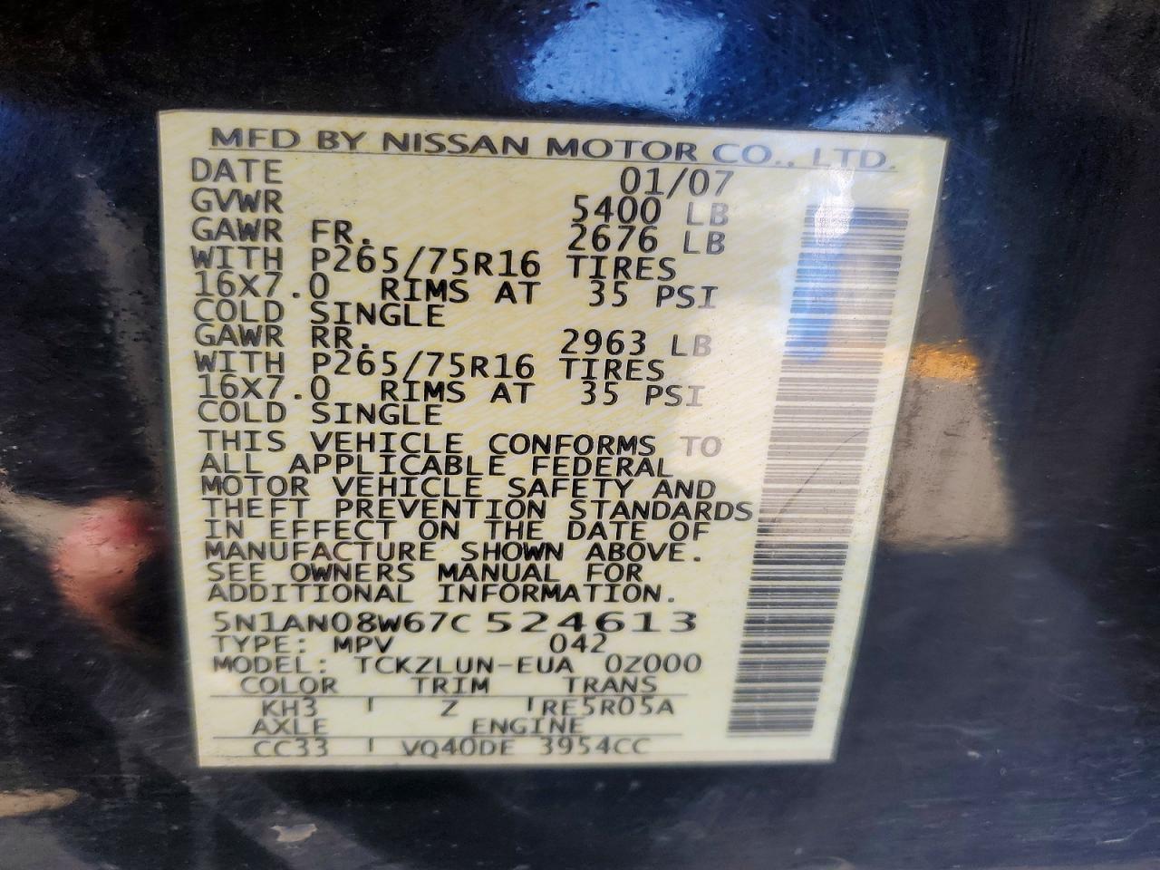 2007 Nissan Xterra X Black vin: 5N1AN08W67C524613