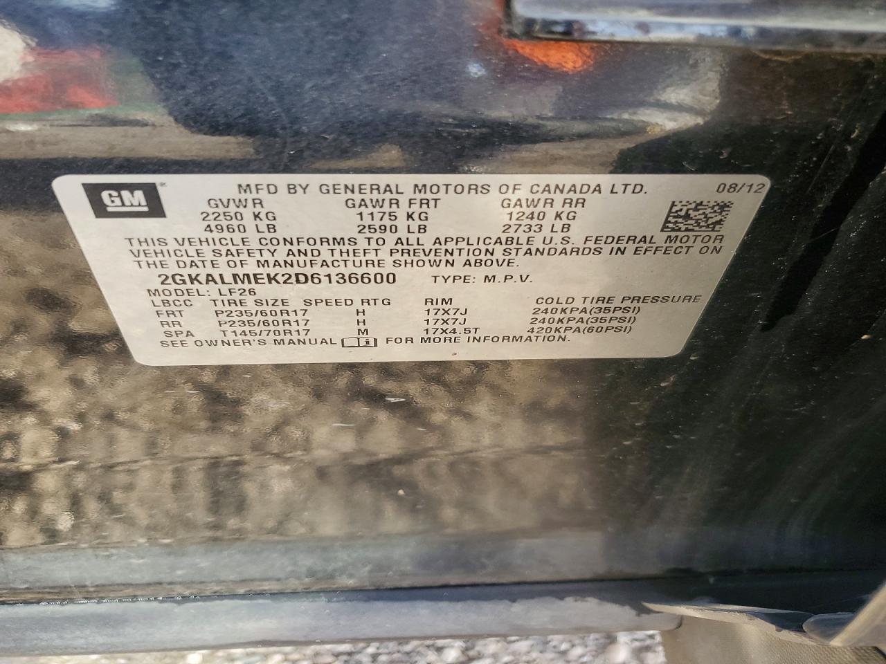 2013 Gmc Terrain Sle Black vin: 2GKALMEK2D6136600