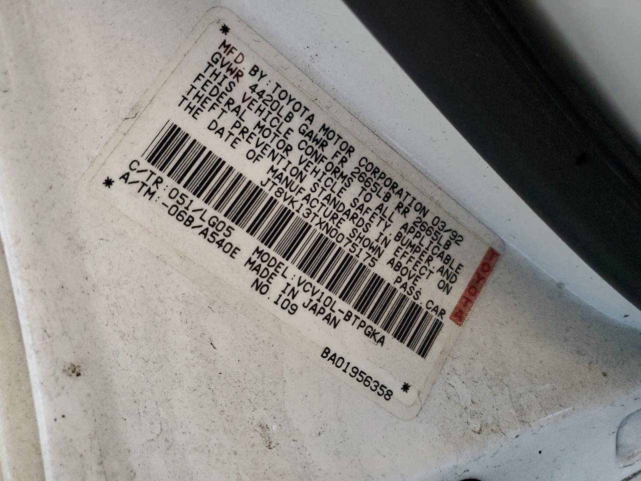 1992 Lexus Es 300 White vin: JT8VK13TXN0075175