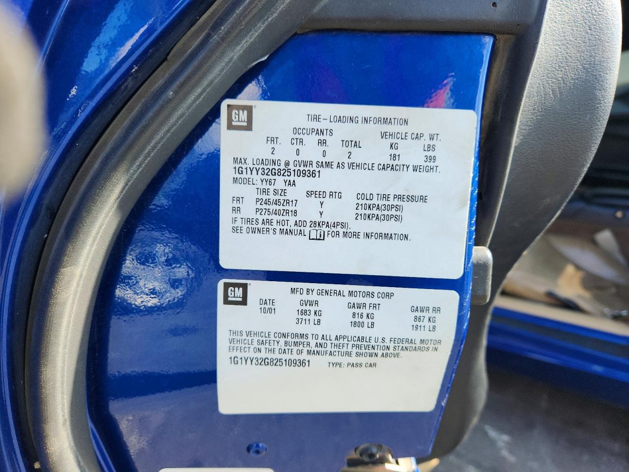 2002 Chevrolet Corvette Blue vin: 1G1YY32G825109361