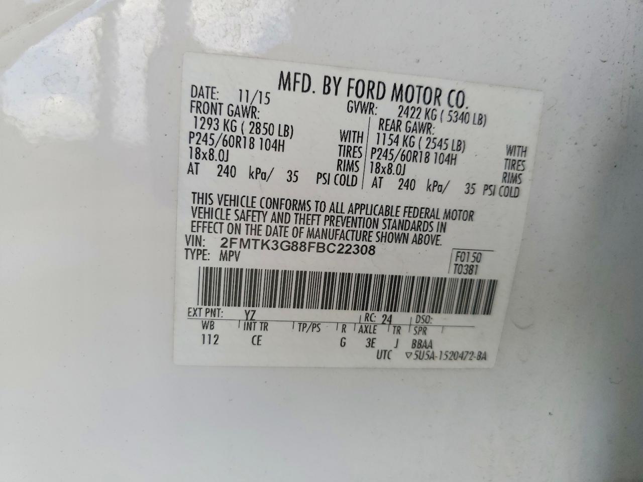 2015 Ford Edge Se White vin: 2FMTK3G88FBC22308