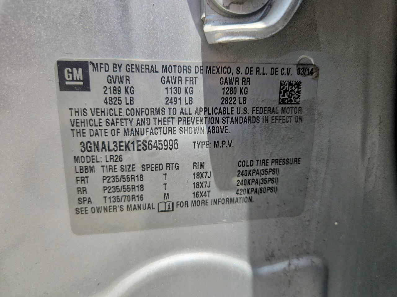 2014 Chevrolet Captiva Lt Silver vin: 3GNAL3EK1ES645996