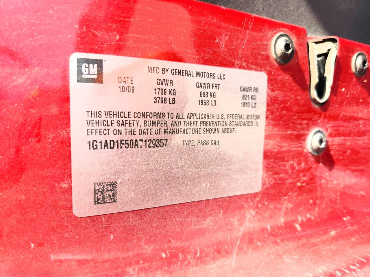 2010 Chevrolet Cobalt 1lt Red vin: 1G1AD1F50A7129357