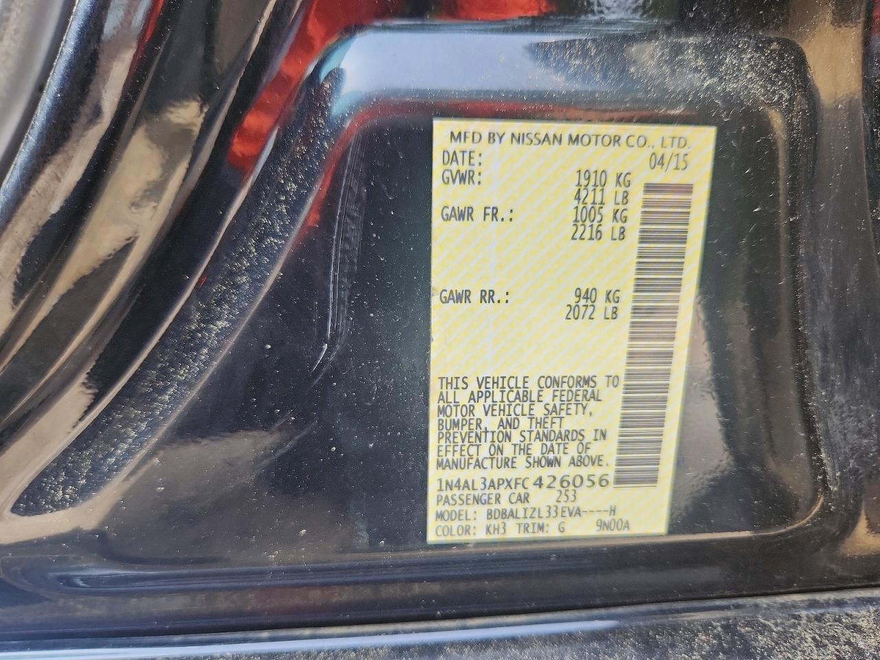 2015 Nissan Altima 2.5 Sv Черный vin: 1N4AL3APXFC426056