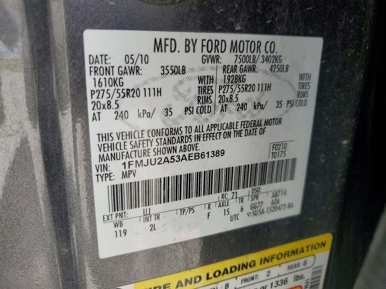2010 Ford Expedition Limited Charcoal vin: 1FMJU2A53AEB61389