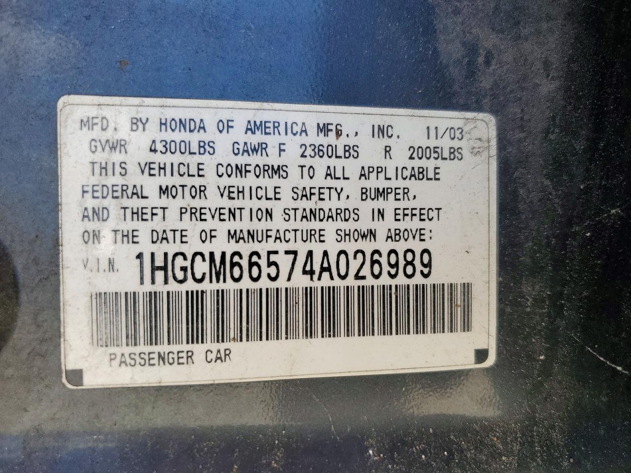 2004 Honda Accord Ex Gray vin: 1HGCM66574A026989