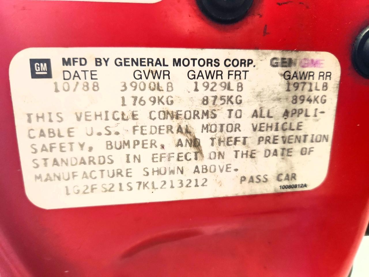 1989 Pontiac Firebird Red vin: 1G2FS21S7KL213212
