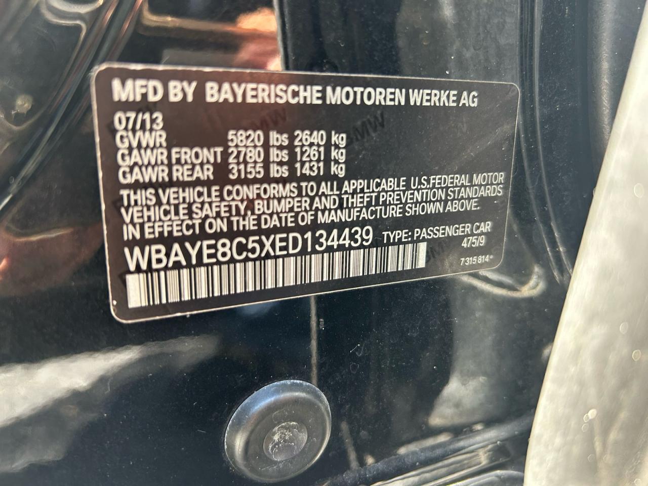 2014 Bmw 750 Li Black vin: WBAYE8C5XED134439