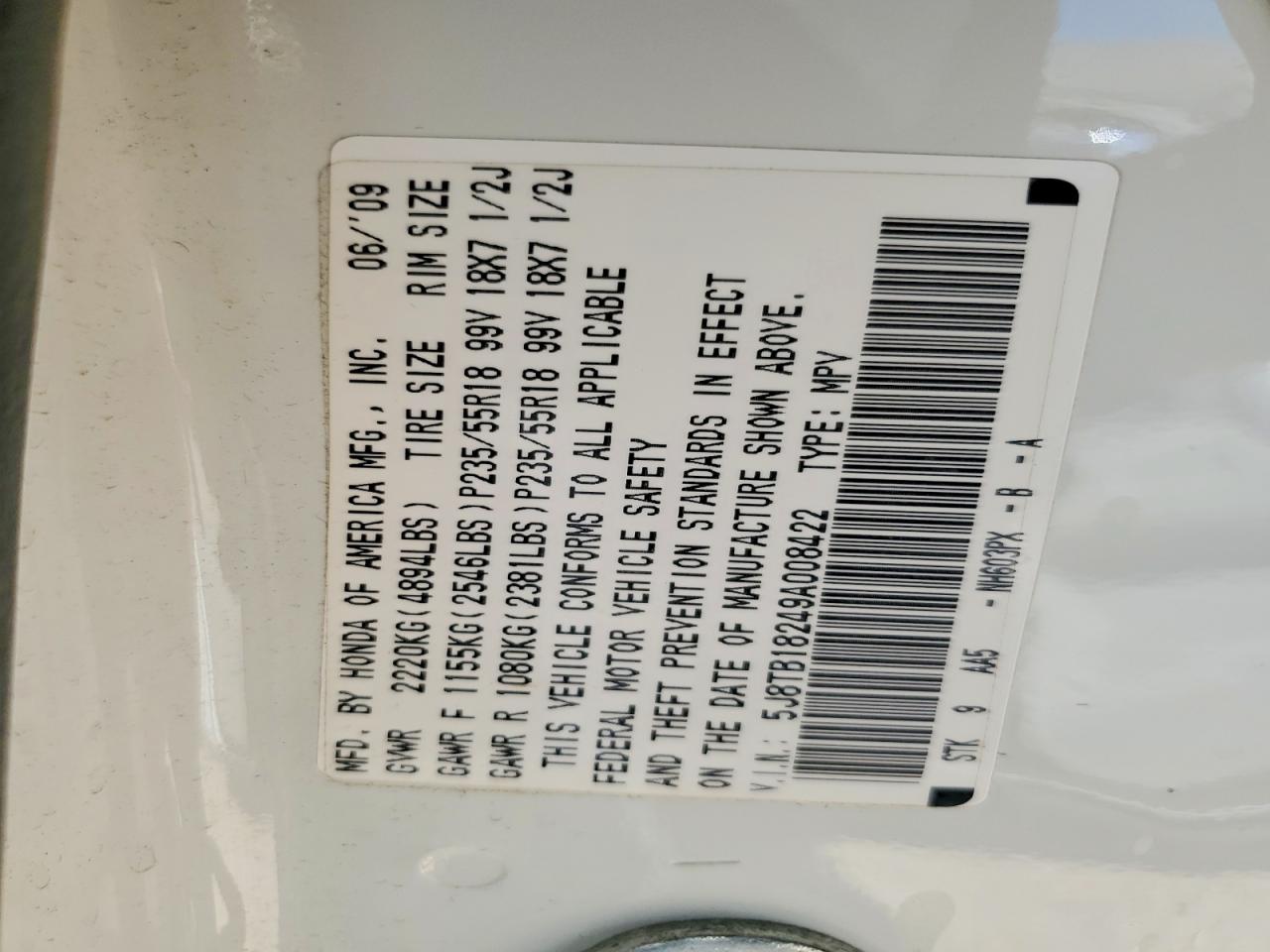 2009 Acura Rdx White vin: 5J8TB18249A008422